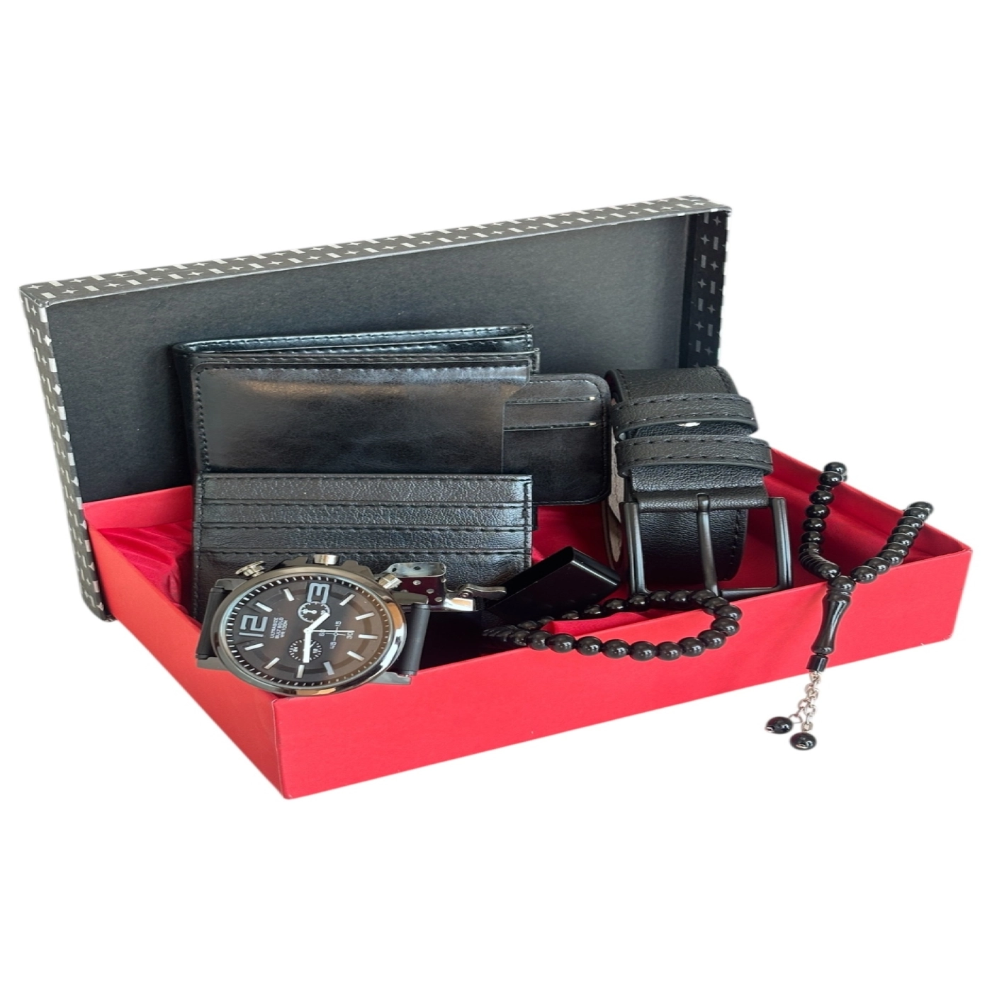 Özel Kutulu Vegan Deri Yatay Crazy Cüzdan Kemer Kartlık Çakmak Bileklik Tesbih Ve Saat Erkek Seti
