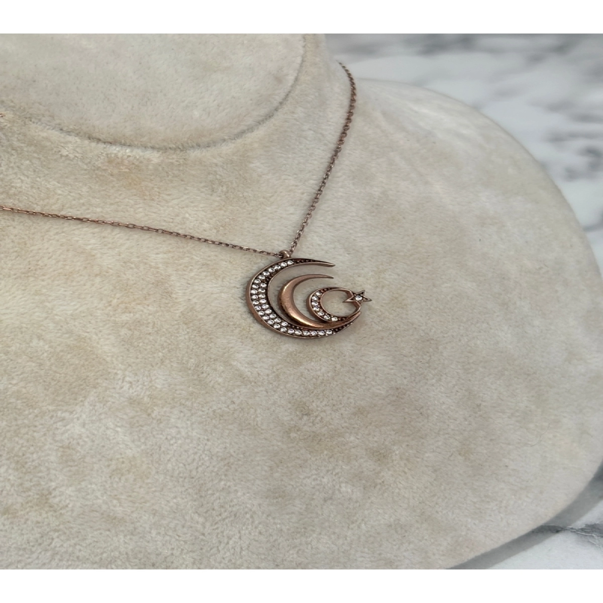 925 Ayar Gümüş Taşlı Rose Gold Ay Yıldız  Modeli Gümüş Kolye