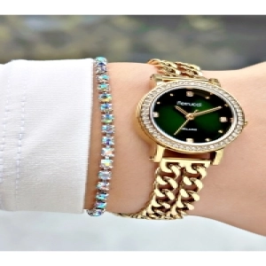 TAŞ RAKAM TAŞ BEZEL YEŞİL KADRANLI ZİNCİR KORDON GOLD METAL KADIN KOL SAATİ