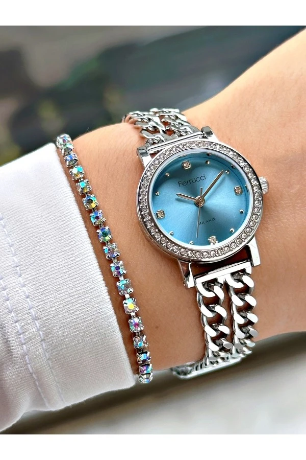 TAŞ RAKAM TAŞ BEZEL MAVİ KADRANLI ZİNCİR KORDONLU GÜMÜŞ METAL KADIN KOL SAATİ
