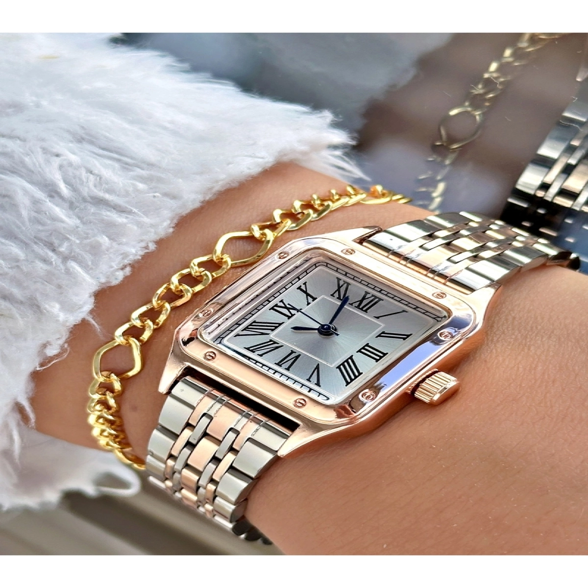 Özel Kare Tasarım Metal Kordon Roma Rakamlı Lüks Kadın Kol Saati-Bileklik Hediyeli