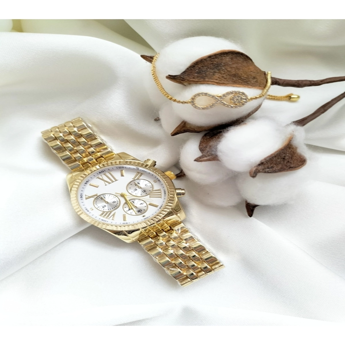 Dekoratif Göstergeli Gold Çerceve Unisex Kol Saati Zirkon Taşlı Bileklik (BİLEKLİK HEDİYEMİZDİR)