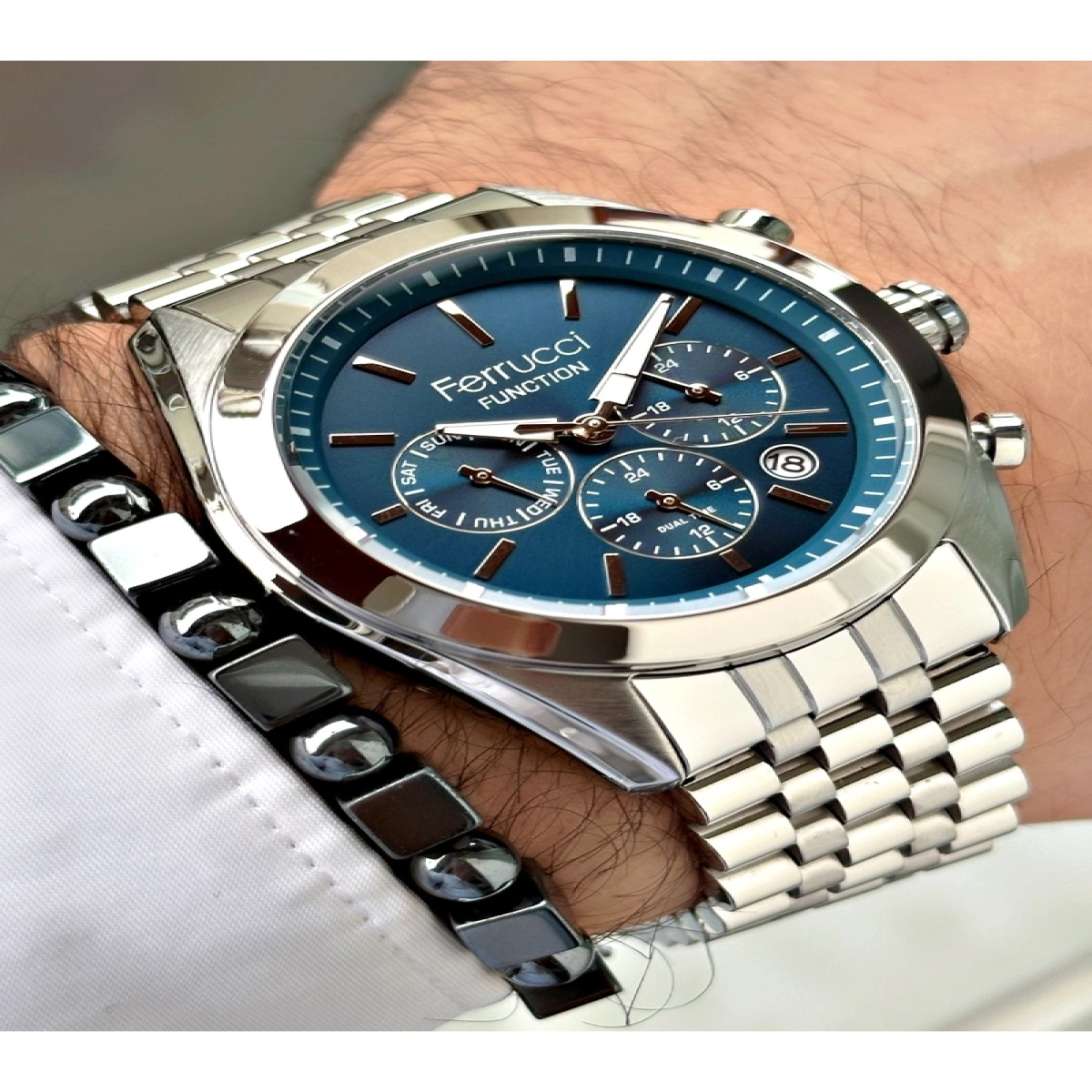 FERRUCCİ LACİVERT KADRANLI TAKVİMLİ FUNCTION GÜMÜŞ METAL ERKEK KOL SAATİ