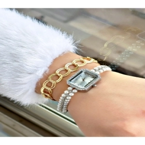 Lüks Tasarım Özel İnci Kare Vintage Modeli Metal Kordon Kadın Kol Saati-Bileklik Hediyeli