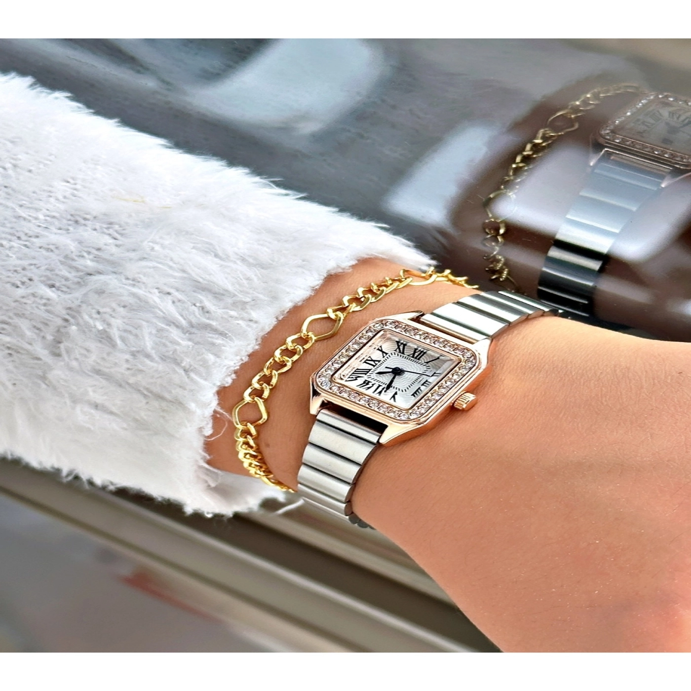 Minimal Lüks Seri Roma Rakamlı Taşlı Özel Tasarım Kordon Kadın Kol Saati-Bileklik Hediyeli hover