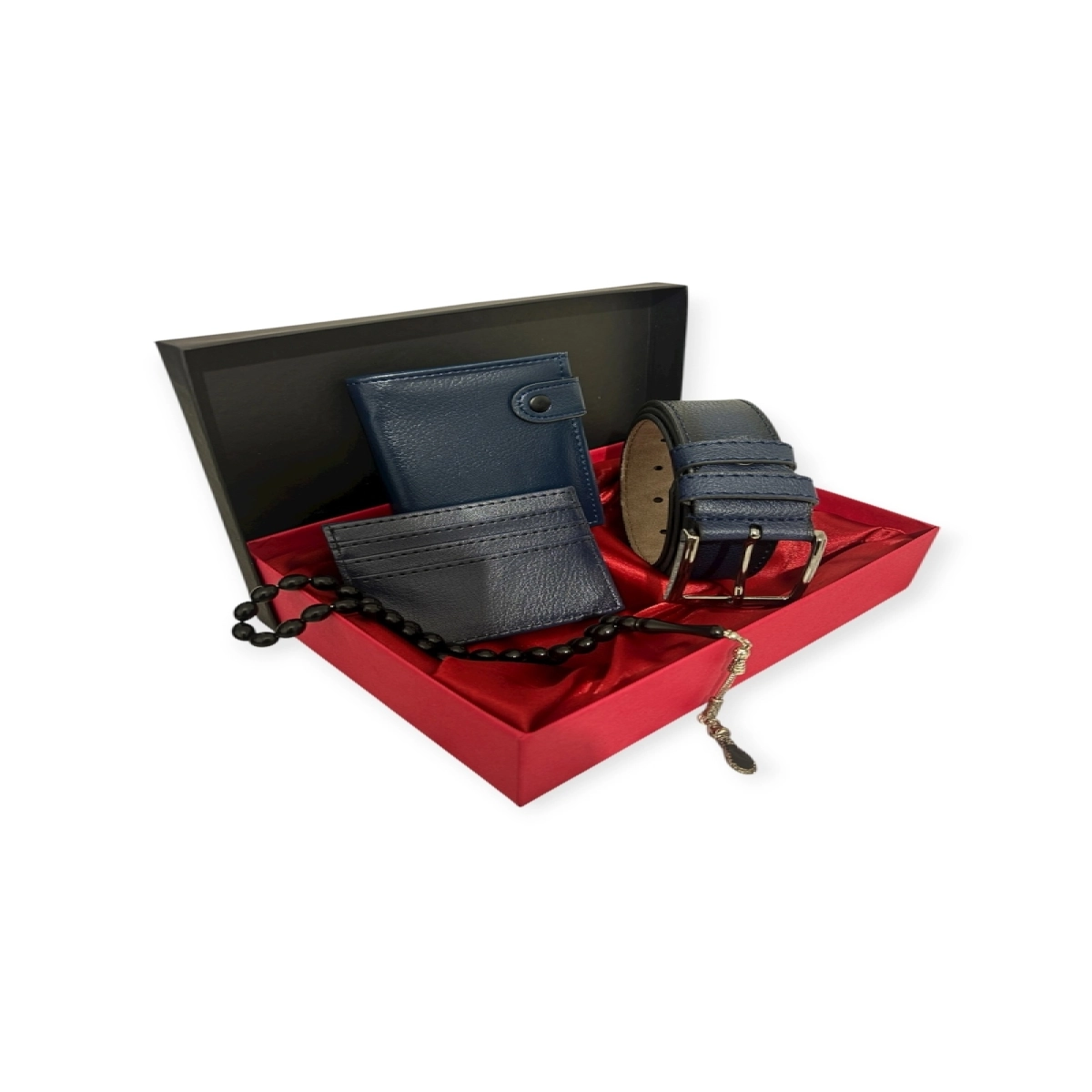 Özel Tasarım Lüks Deri Patlı Dikey Premium Serisi Cüzdan Kartlık Tesbih Ve Kemer Seti