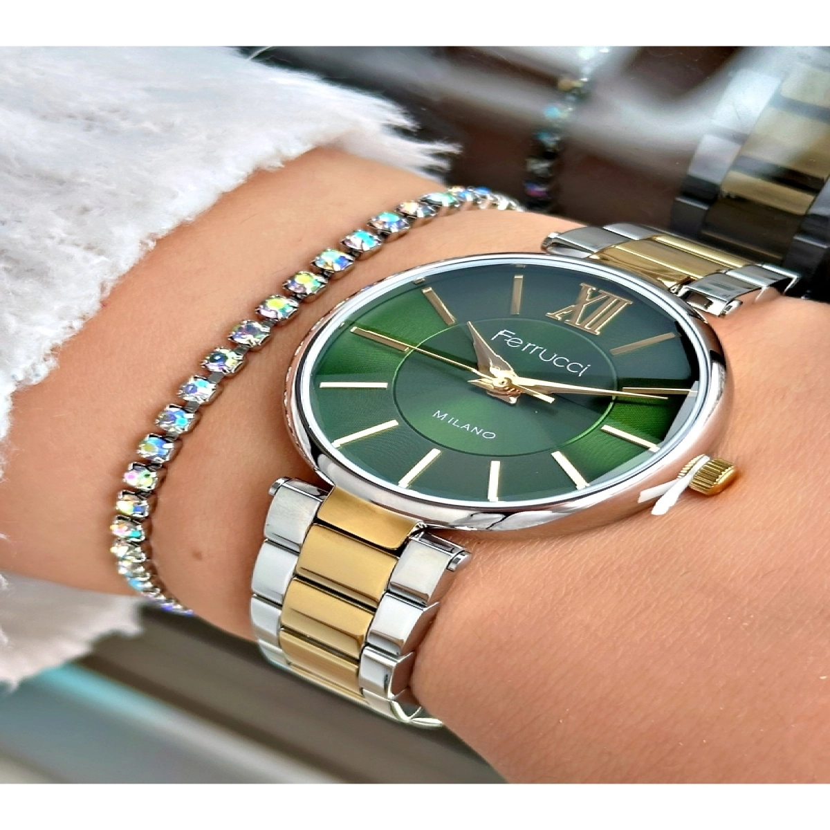 FERRUCCİ BOMBE CAMLI YEŞİL KADRANLI GOLD GÜMÜŞ METAL KADIN KOL SAATİ