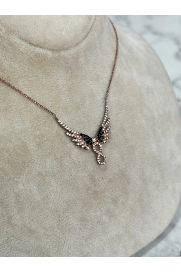 925 Ayar Gümüş Taşlı Rose Gold Sonsuzluk ve Kanat Modeli Gümüş Kolye