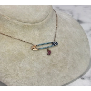 925 Ayar Gümüş Rose Gold Nazar İğne Modeli Gümüş Kolye