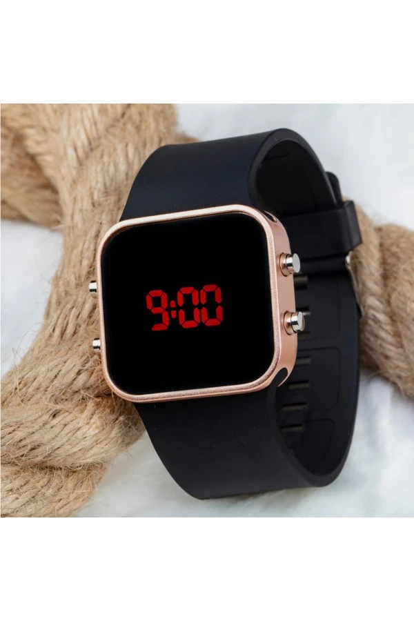 Unisex Rose Renk Siyah Silikon Kordon Dijital Led Kadın Kol Saat ST-303697