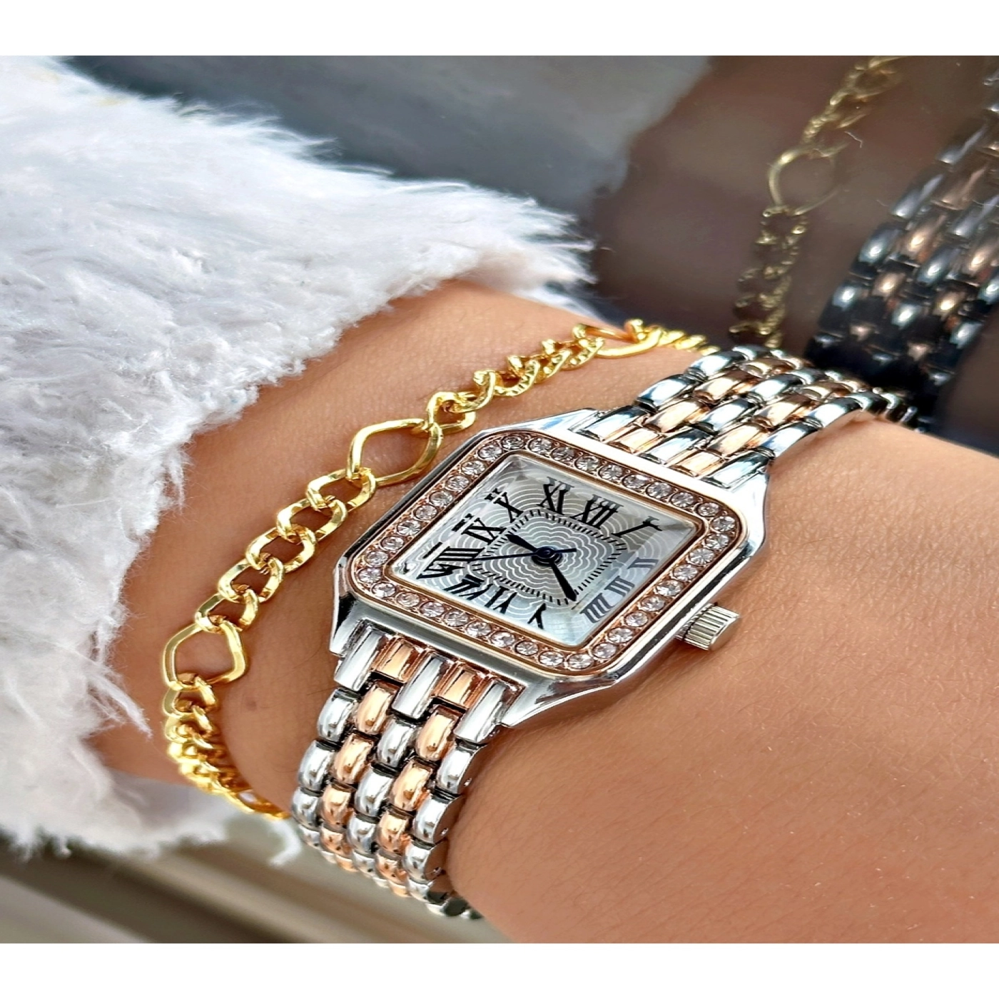 Özel Tasarım Taşlı Minimal Kare Metal Kordon Premium Kadın Kol Saati-Bileklik Hediyeli