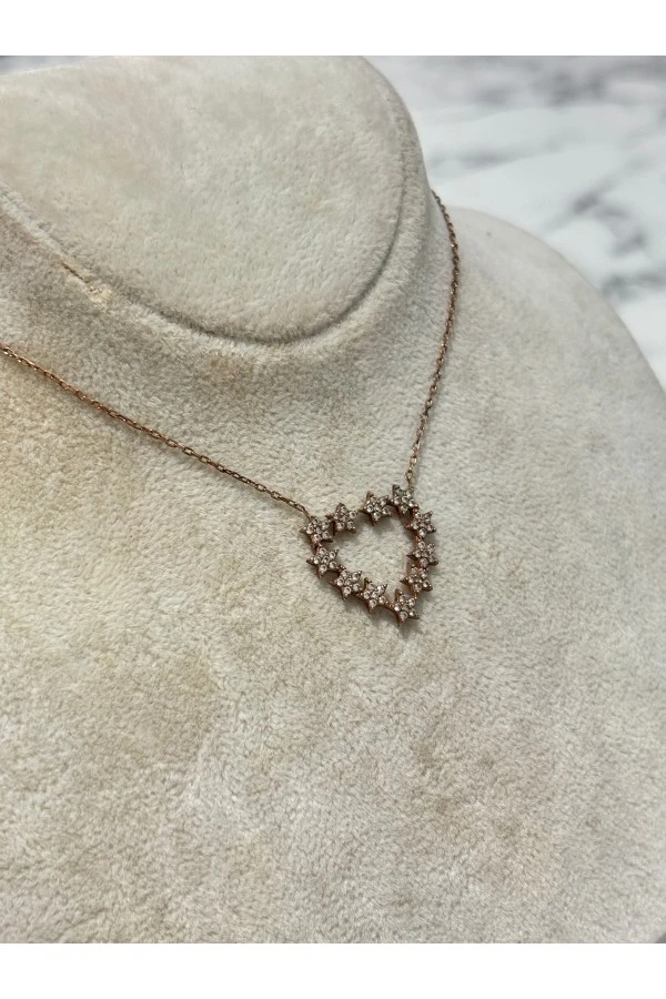 925 Ayar Gümüş Rose Gold Taşlı Kalpli Model Gümüş Kolye