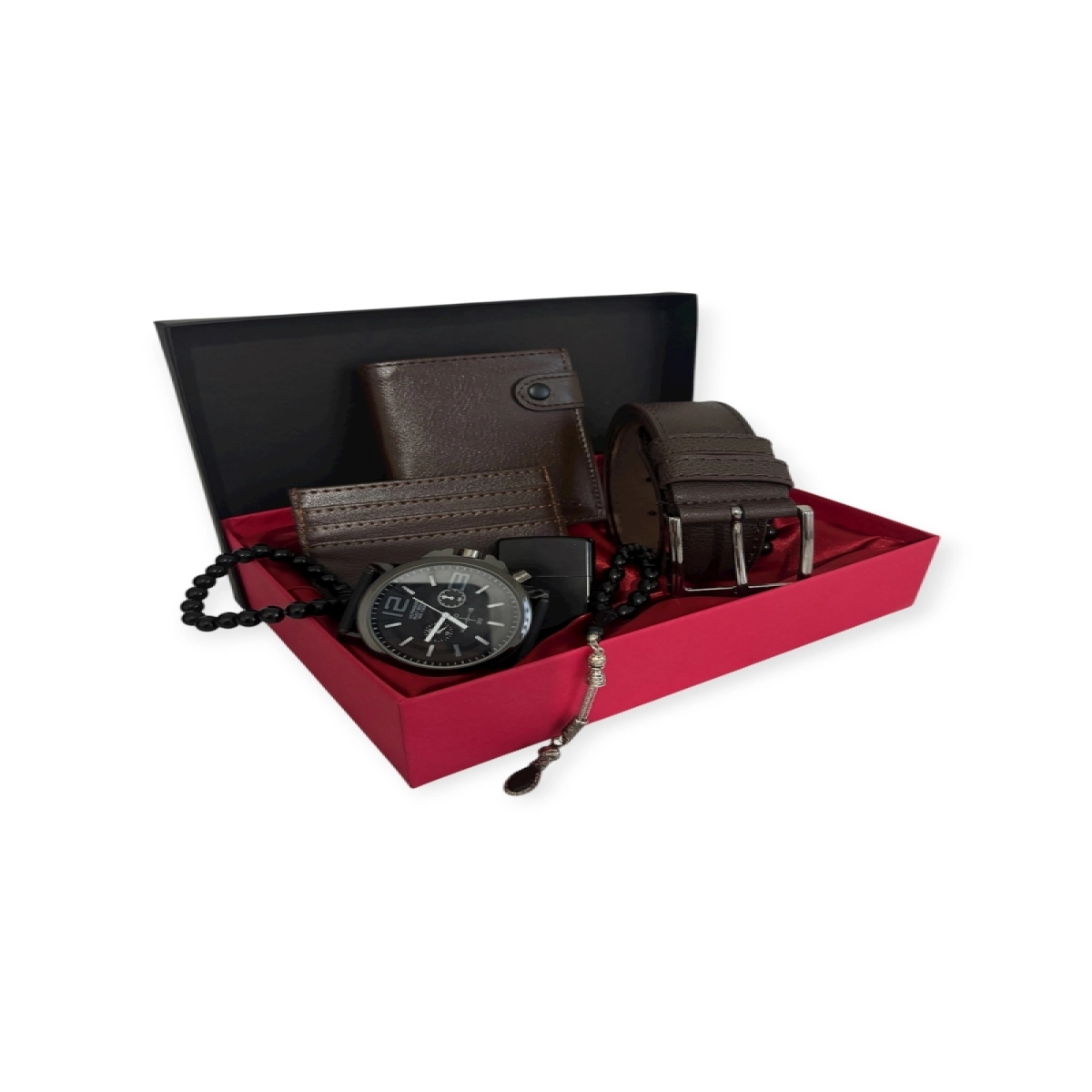 Özel Tasarım Lüks Suni Deri Patlı Dikey Cüzdan Kartlık Saat Tesbih Bileklik Çakmak Ve Kemer Seti