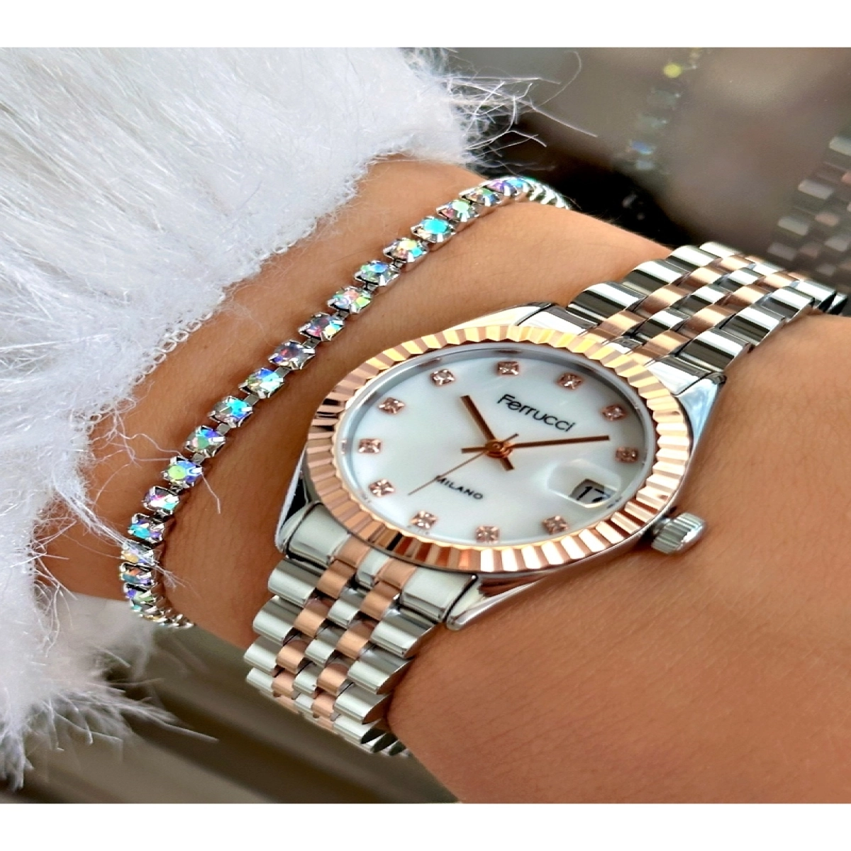 BEYAZ KADRANLI TAŞ RAKAMLI ROSE GÜMÜŞ KADIN METAL KOL SAATİ