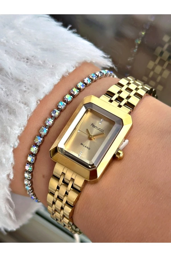 FERRUCCİ KESME CAMLI KARE GOLD METAL KADIN KOL SAATİ