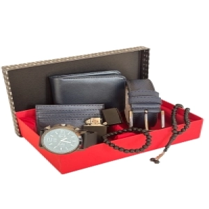 Lüks Vegan Deri Özel Kutulu Klasik Cüzdan Kemer Kartlık Çakmak Bileklik Tesbih Ve Saat Erkek Seti