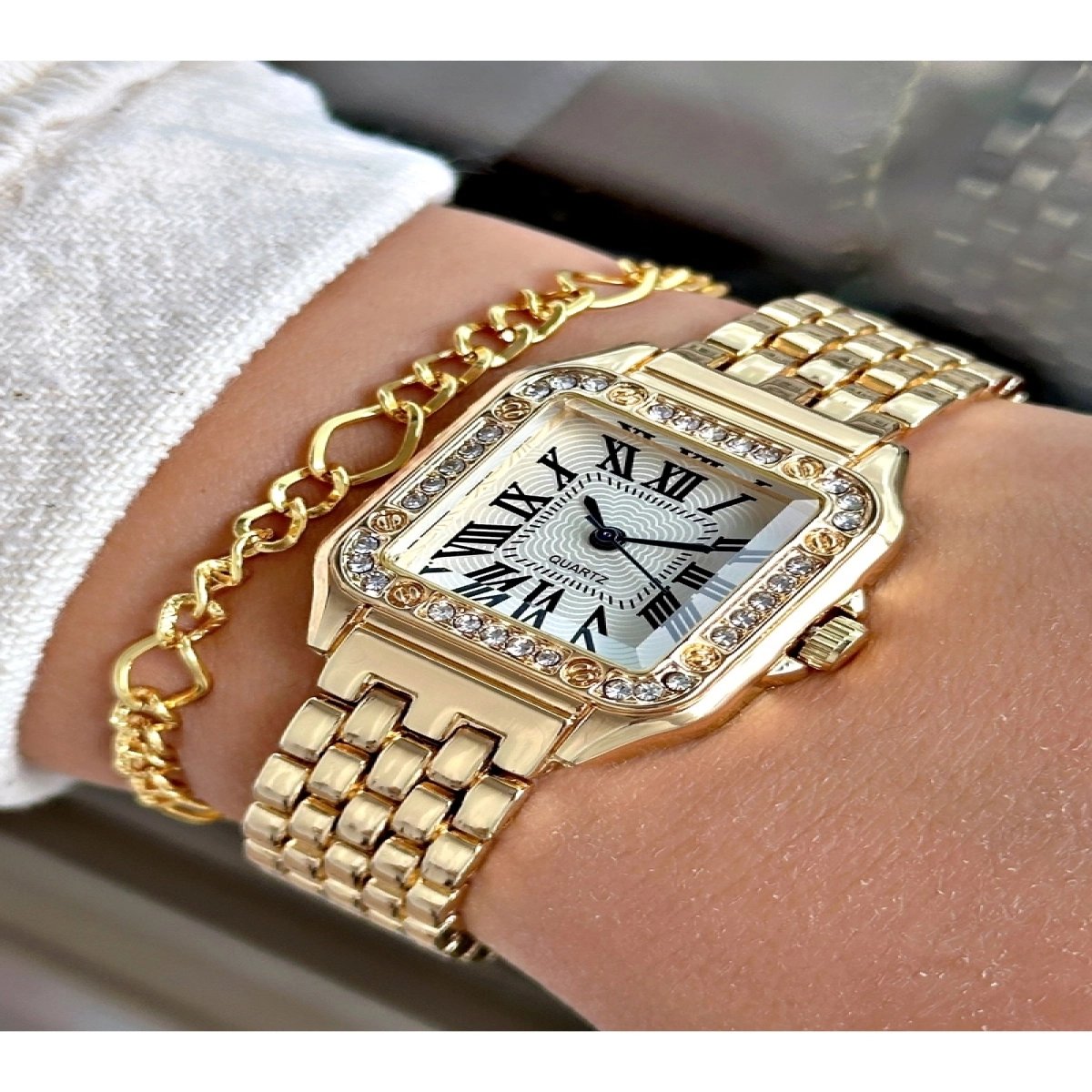 Özel Tasarım Kordon Premium Seri Roma Rakamlı Taşlı Model Kadın Kol Saati-Bileklik Hediyeli
