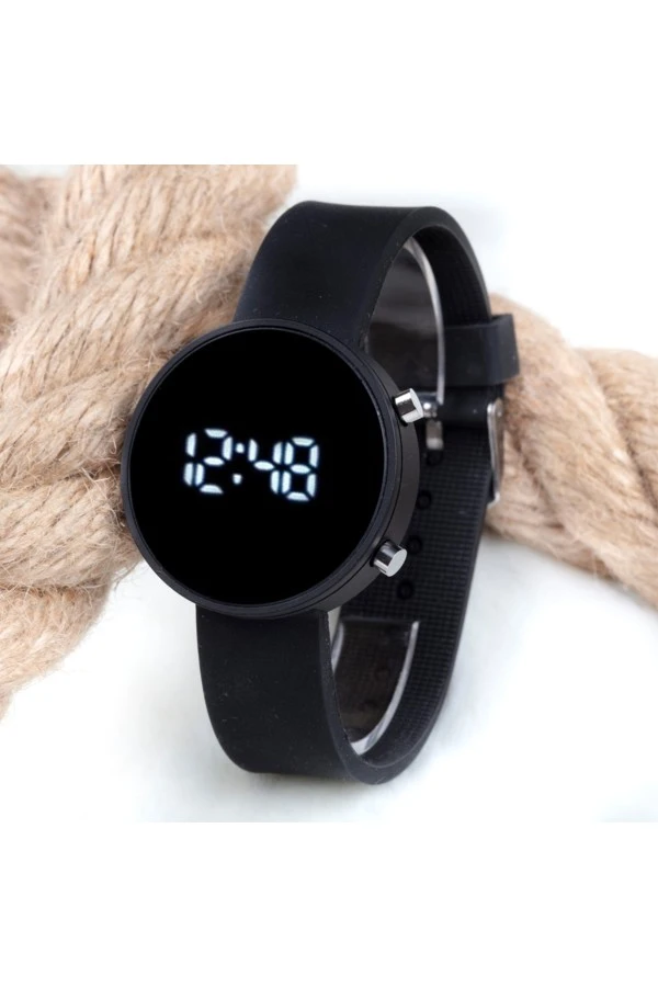 Mat Siyah Yuvarlak Dijital Led Ekran Siyah Silikon Kordonlu Unisex Saat ST-303563
