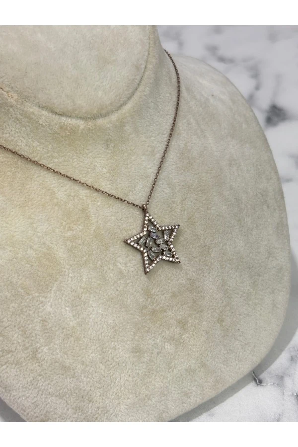925 Ayar Gümüş Rose Gold Taşlı Yıldız Modeli Gümüş Kolye
