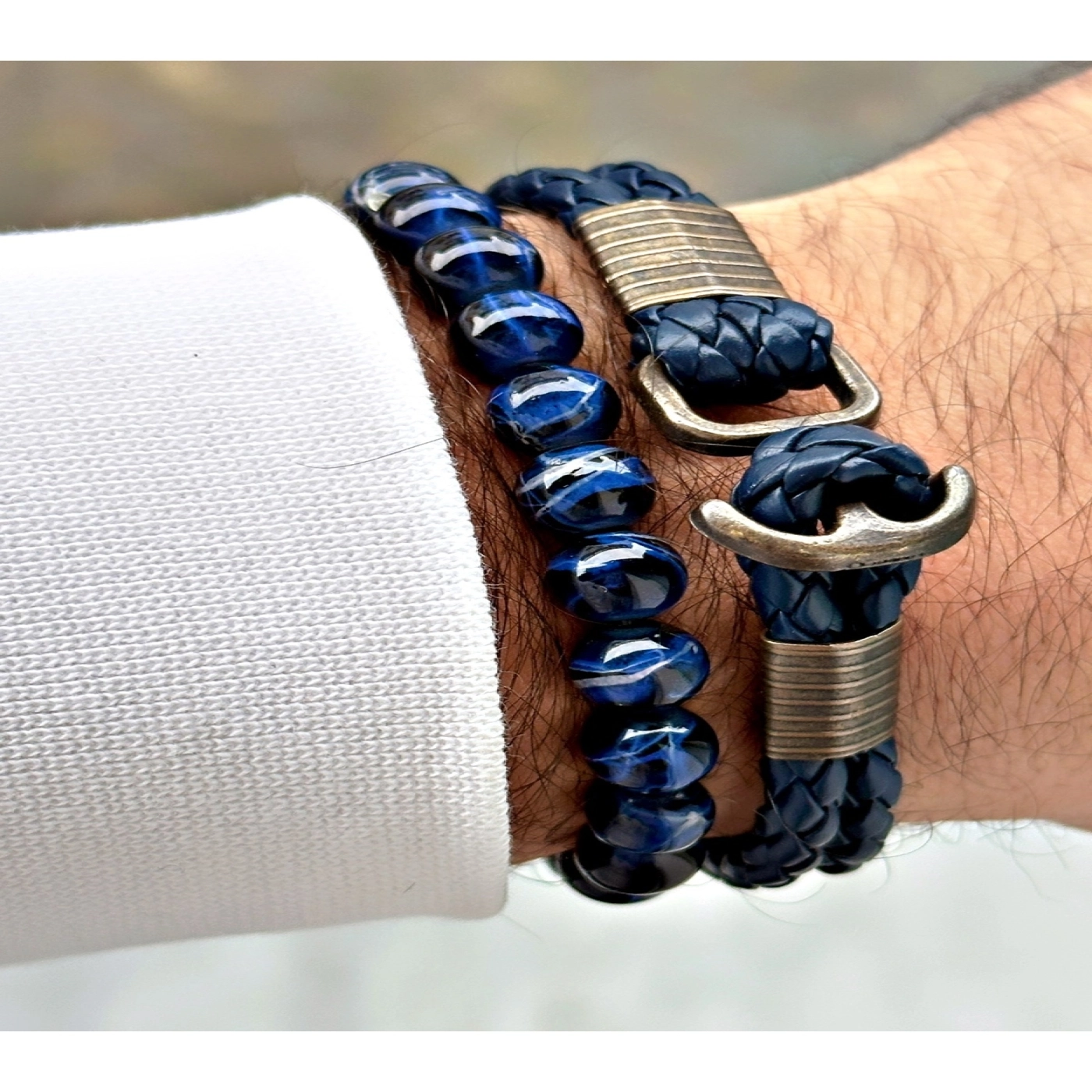 Lüks Tasarım Premium Serisi Deri Çapa Bileklik ve Özel Seri Doğal Taş Bileklik Kombini