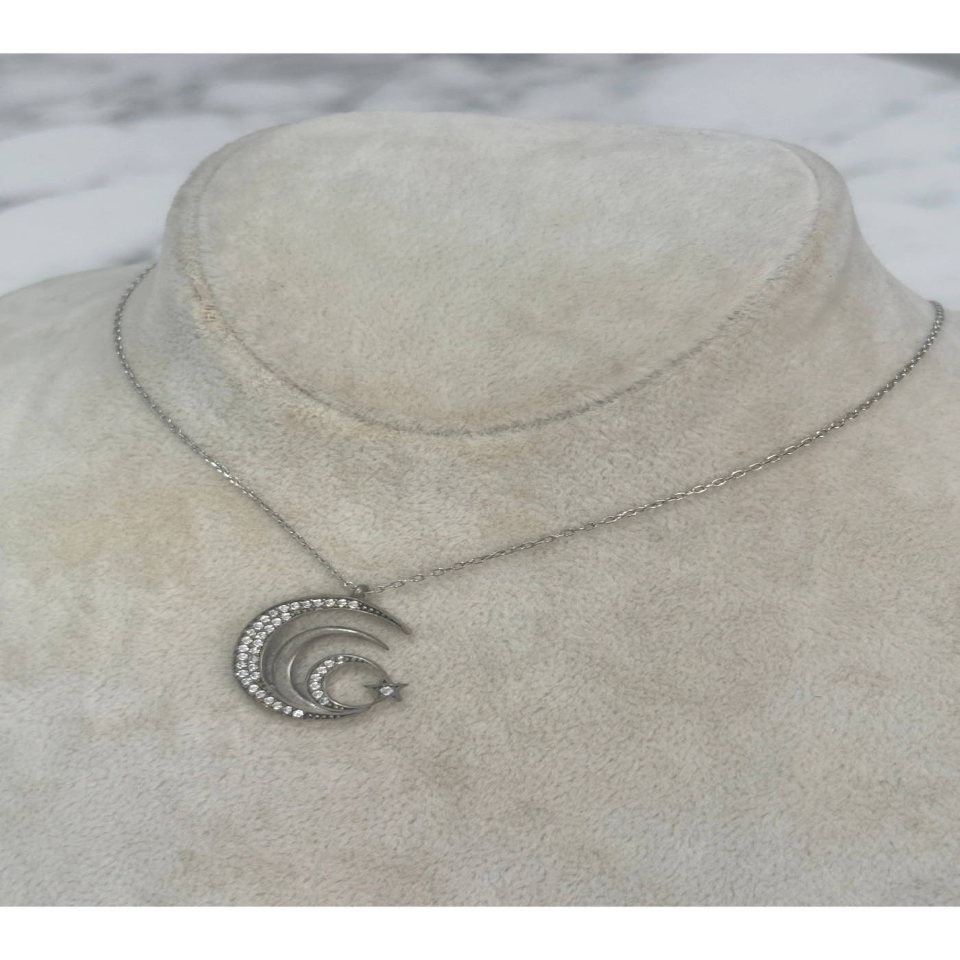 925 Ayar Gümüş Taşlı  Ay Yıldız Modeli Gümüş Kolye