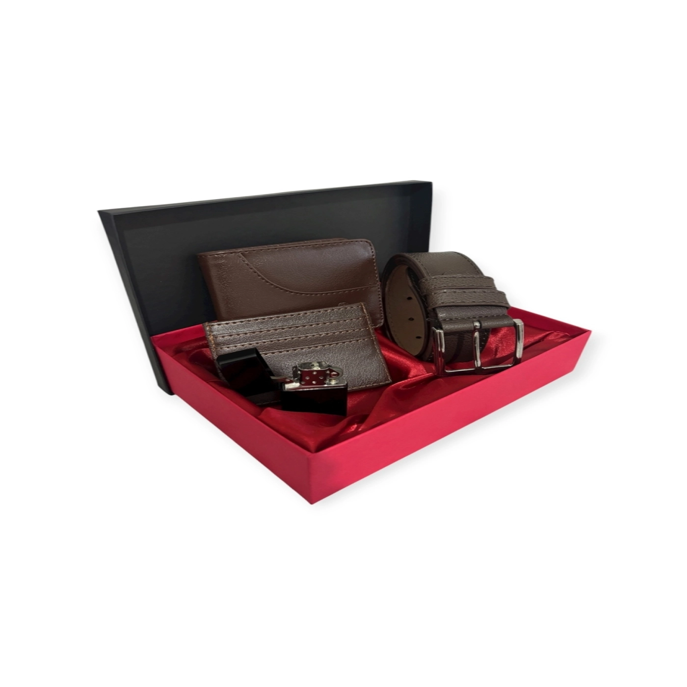 Özel Serisi Classic Çizgili Lüks Deri Yatay Cüzdan Kartlık Çakmak Ve Kemer Seti