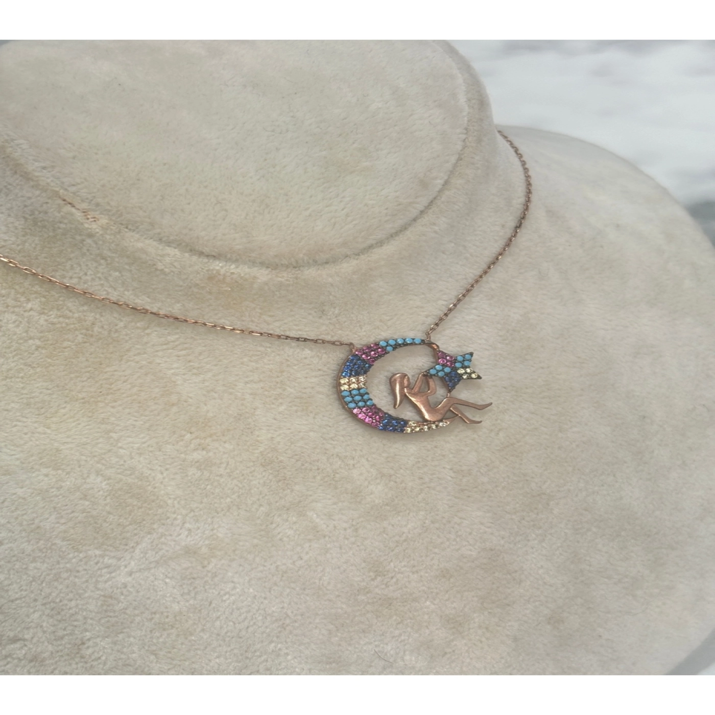 925 Ayar Gümüş Rose Gold Ay Yıldız Taşlı Modeli Gümüş Kolye