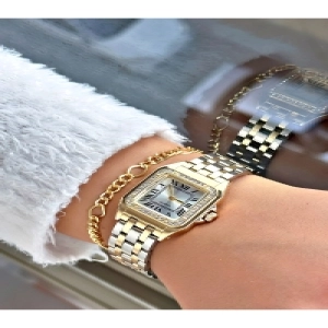 Premium Lüks Özel Tasarım Taşlı Kare Metal Kordon Kadın Kol Saati-Bileklik Hediyeli