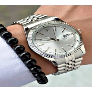 Lüks Tasarım Özel Seri Eşref Tek Saat Modeli Metal Kordon Takvimli Erkek Kol Saati-Bileklik Hediyeli