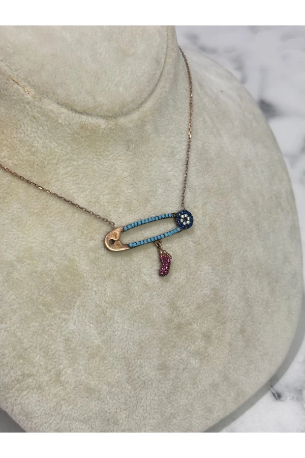 925 Ayar Gümüş Rose Gold Nazar İğne Modeli Gümüş Kolye