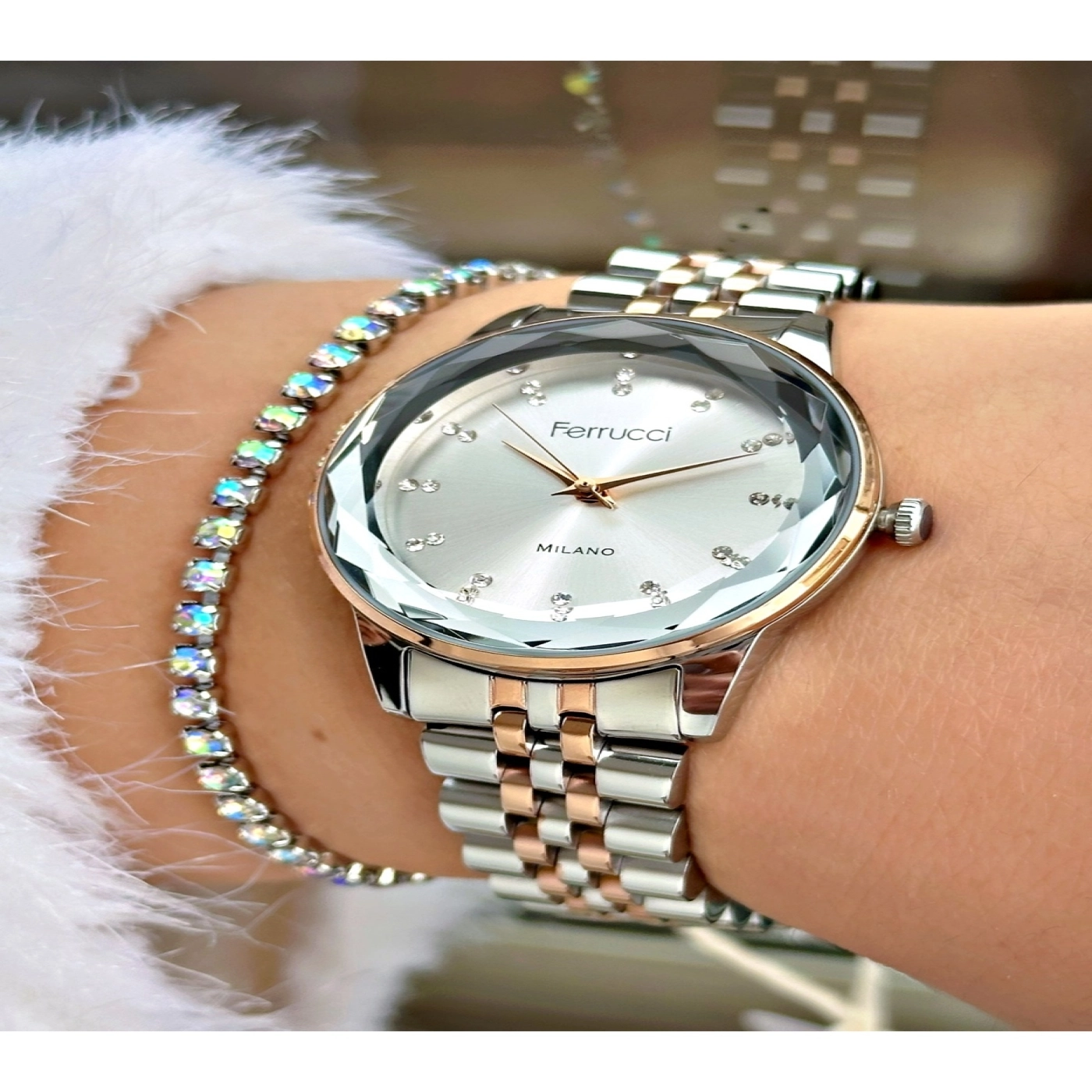 FERRUCCİ KESME CAMLI ROSE GÜMÜŞ METAL KADIN KOL SAATİ