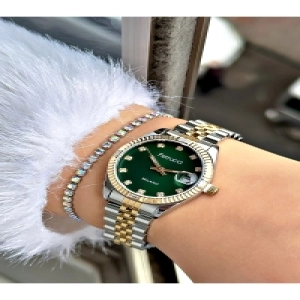 FERRUCCİ TAŞ RAKAMLI YEŞİL KADRANLI TAKVİMLİ GOLD GÜMÜŞ METAL KADIN KOL SAATİ
