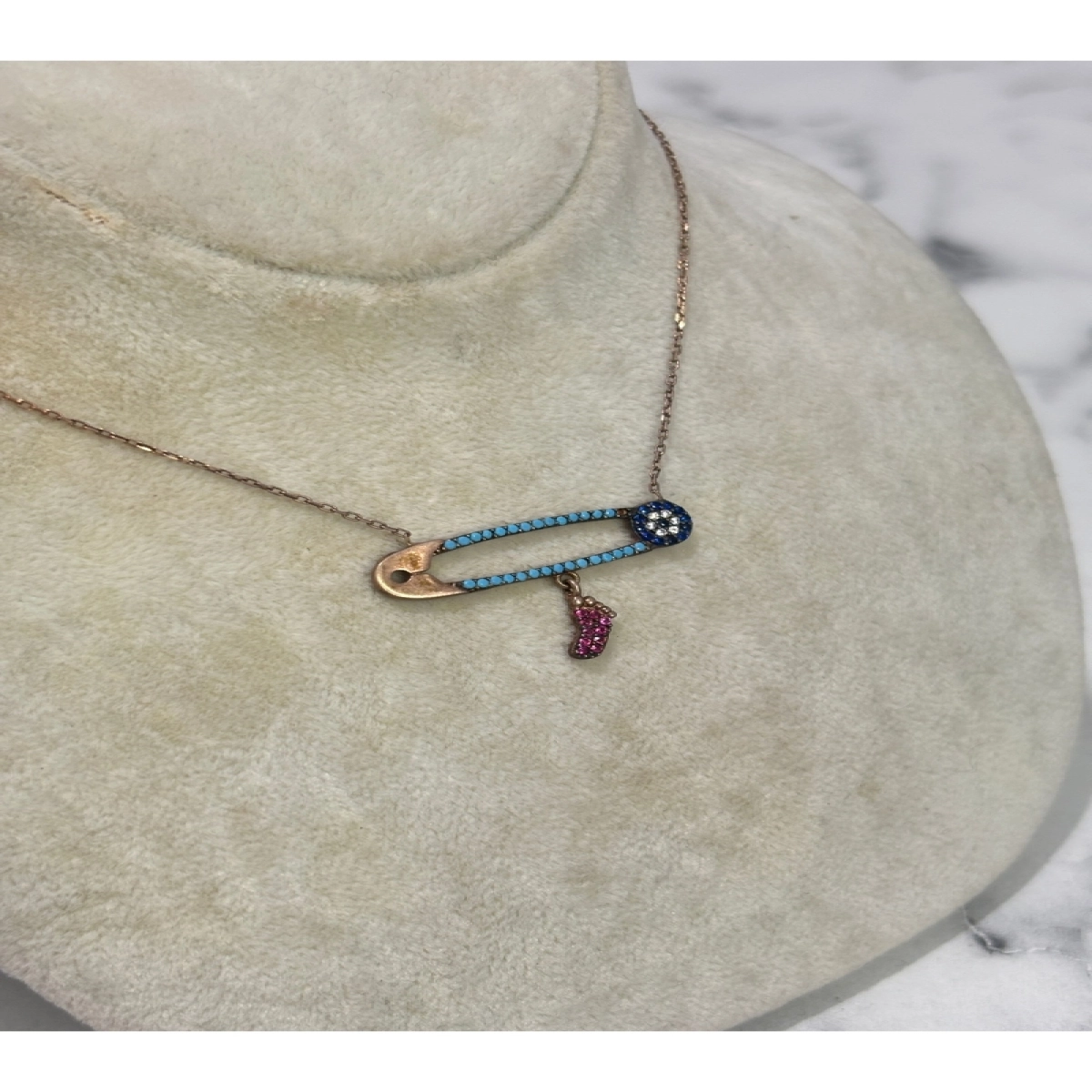 925 Ayar Gümüş Rose Gold Nazar İğne Modeli Gümüş Kolye