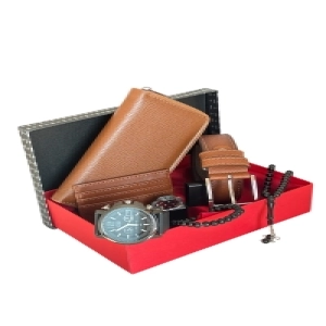 Vegan Deri Dikey Telefon Bölmeli Cüzdan Kemer Kartlık Çakmak Bileklik Tesbih Ve Saat Erkek Seti