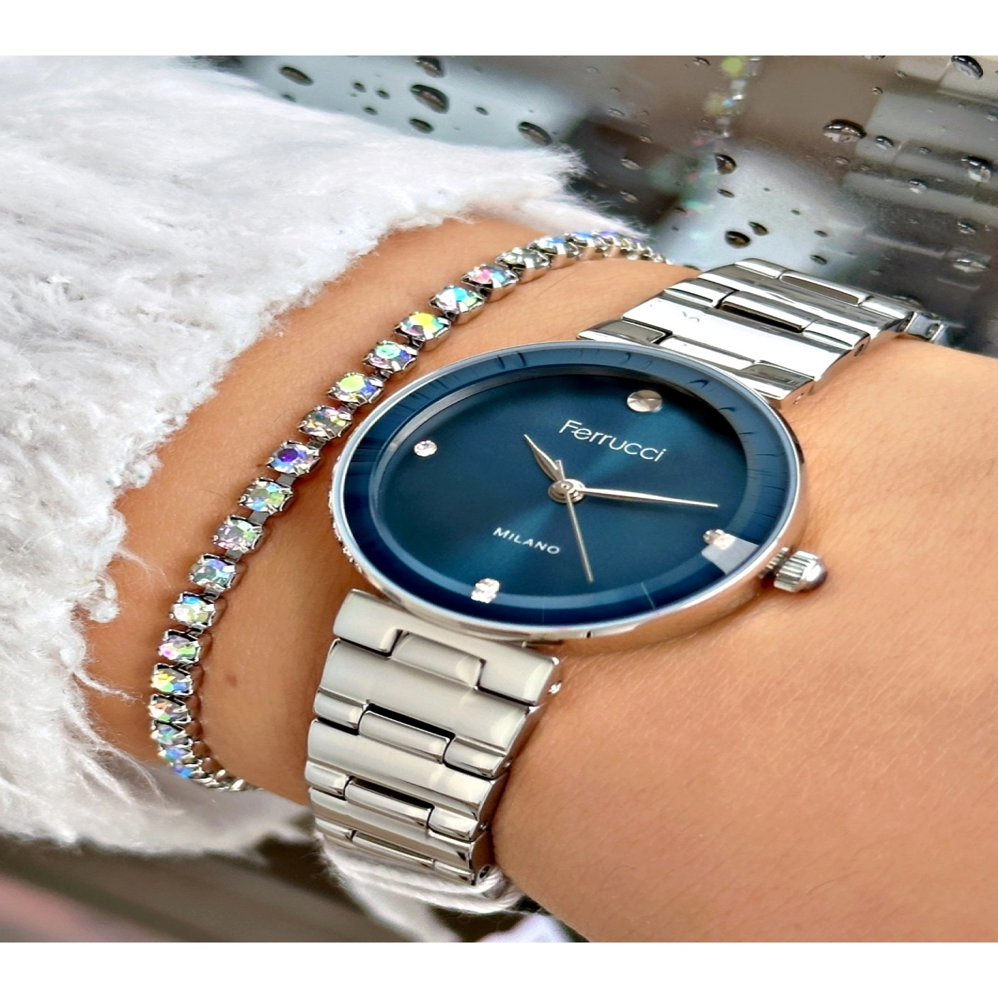 FERRUCCİ LACİVERT KADRANLI GÜMÜŞ METAL KADIN KOL SAATİ
