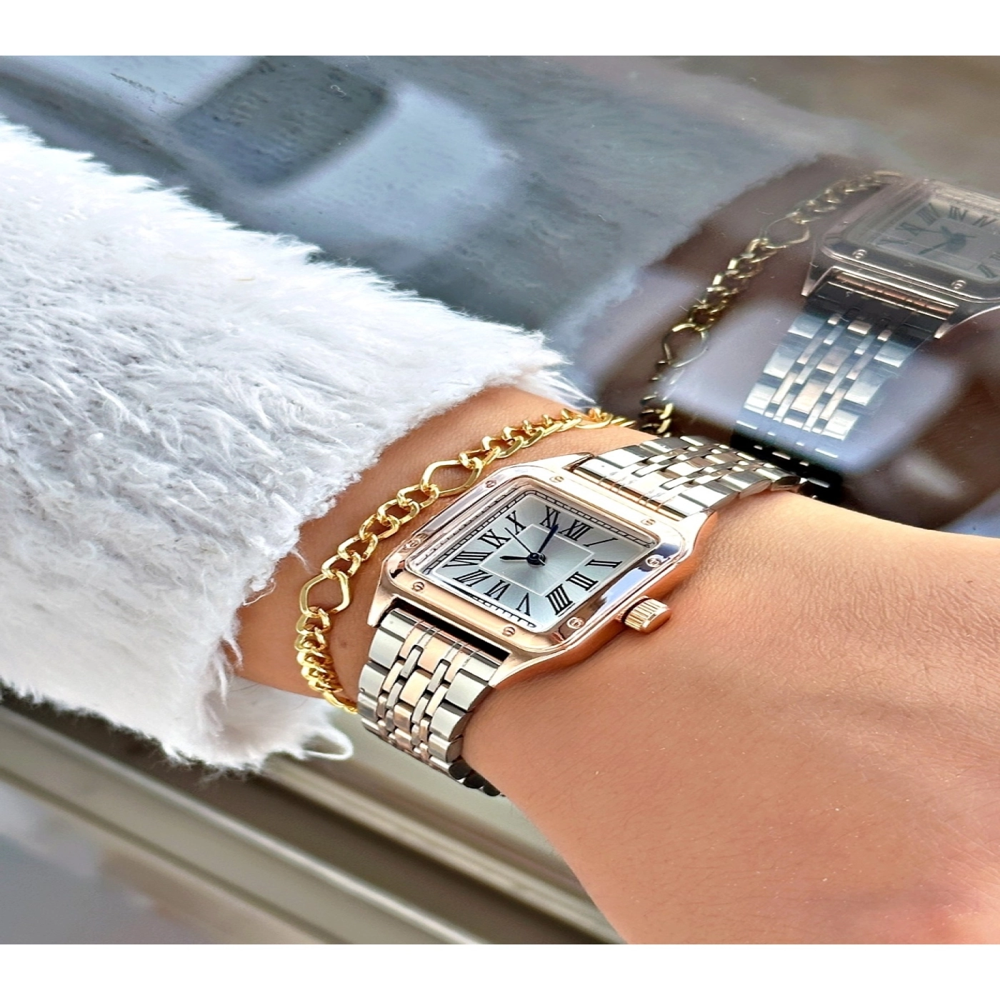 Özel Kare Tasarım Metal Kordon Roma Rakamlı Lüks Kadın Kol Saati-Bileklik Hediyeli hover