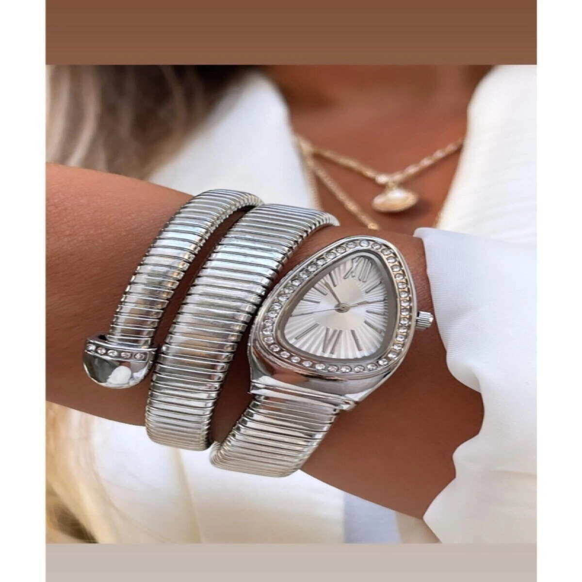 Cpr12373y Gümüş Renk Taşlı Yılan Model Kadın Kol Saati