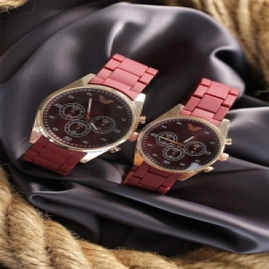 Bordo Silikon Kordonlu Rose Kasa Sevgili Saat Kombini - Bf20400