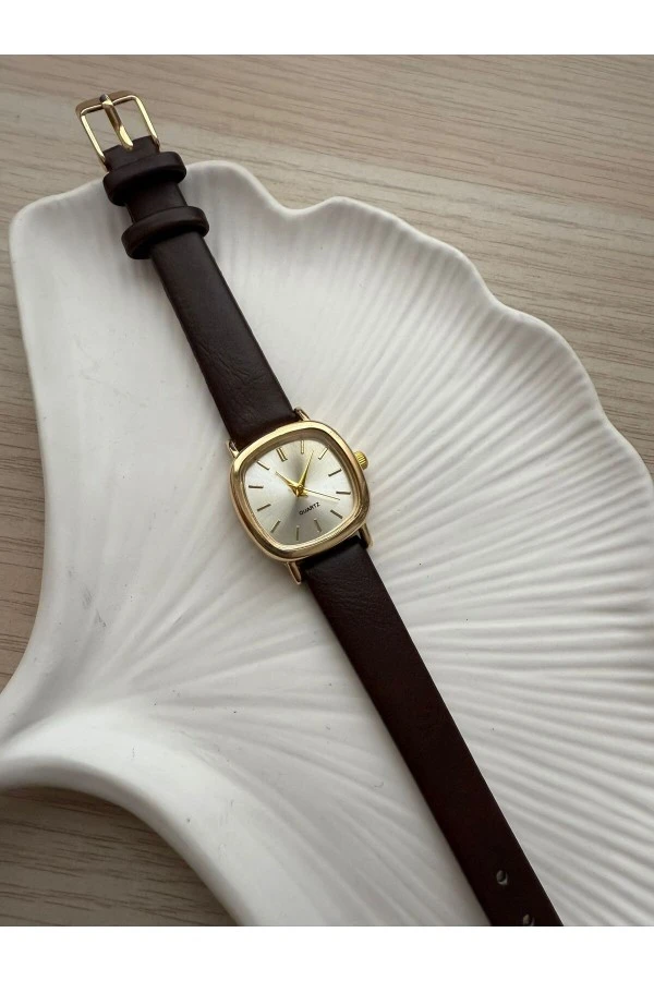 Vintage Kadın Kol Saati Retro Minimal Koyu Kahve Renk Kordon