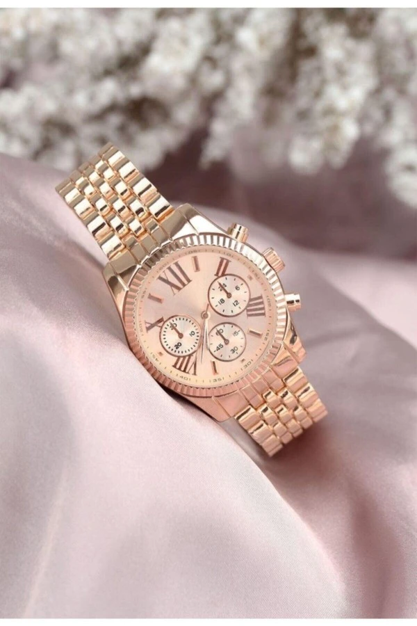 Rose Gold Renk Takvimli Taşlı Kadın Saati