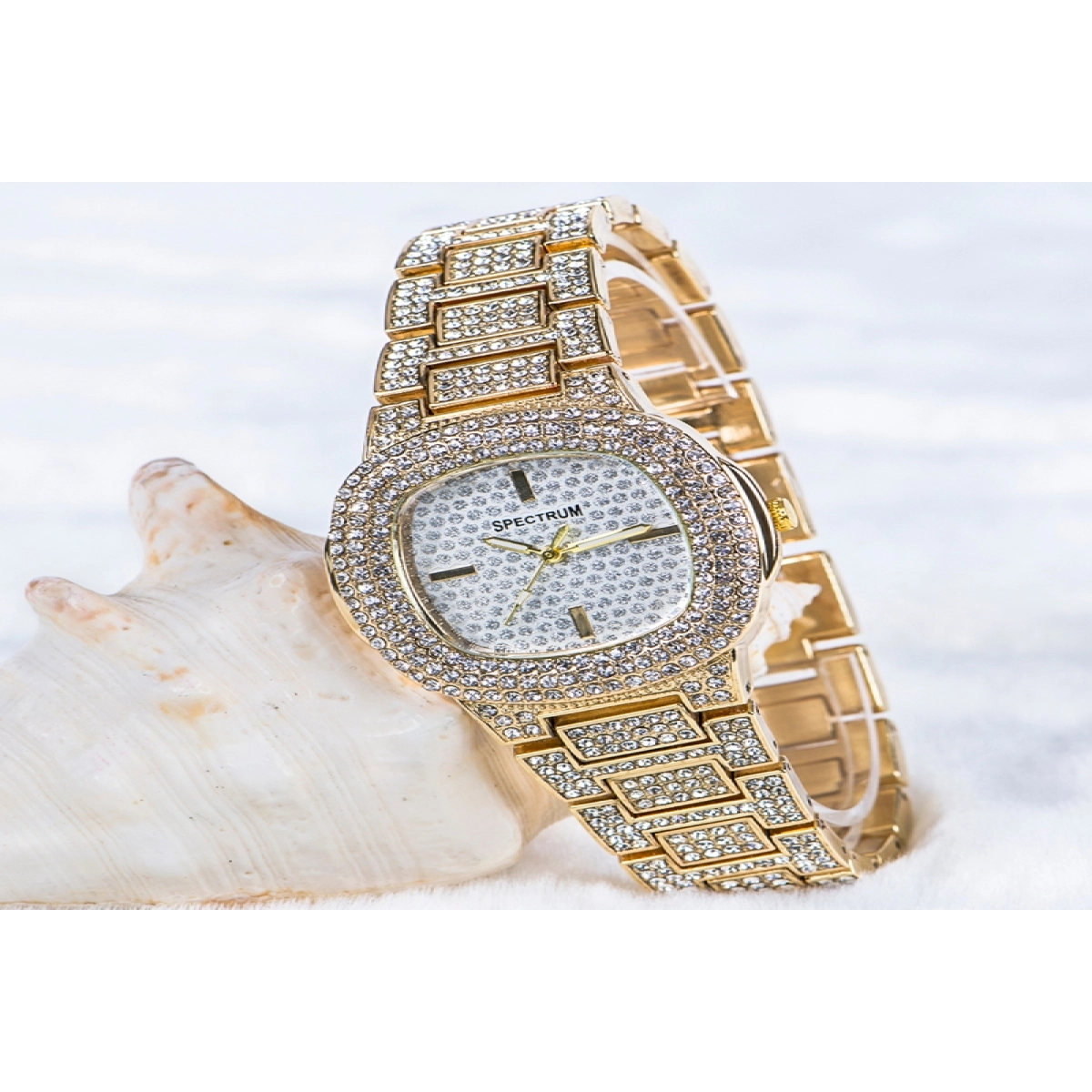 Şık Özel Tasarım Sarı Renk Zirkon Taşlı Çelik Kasa Kol Saati ST-303706