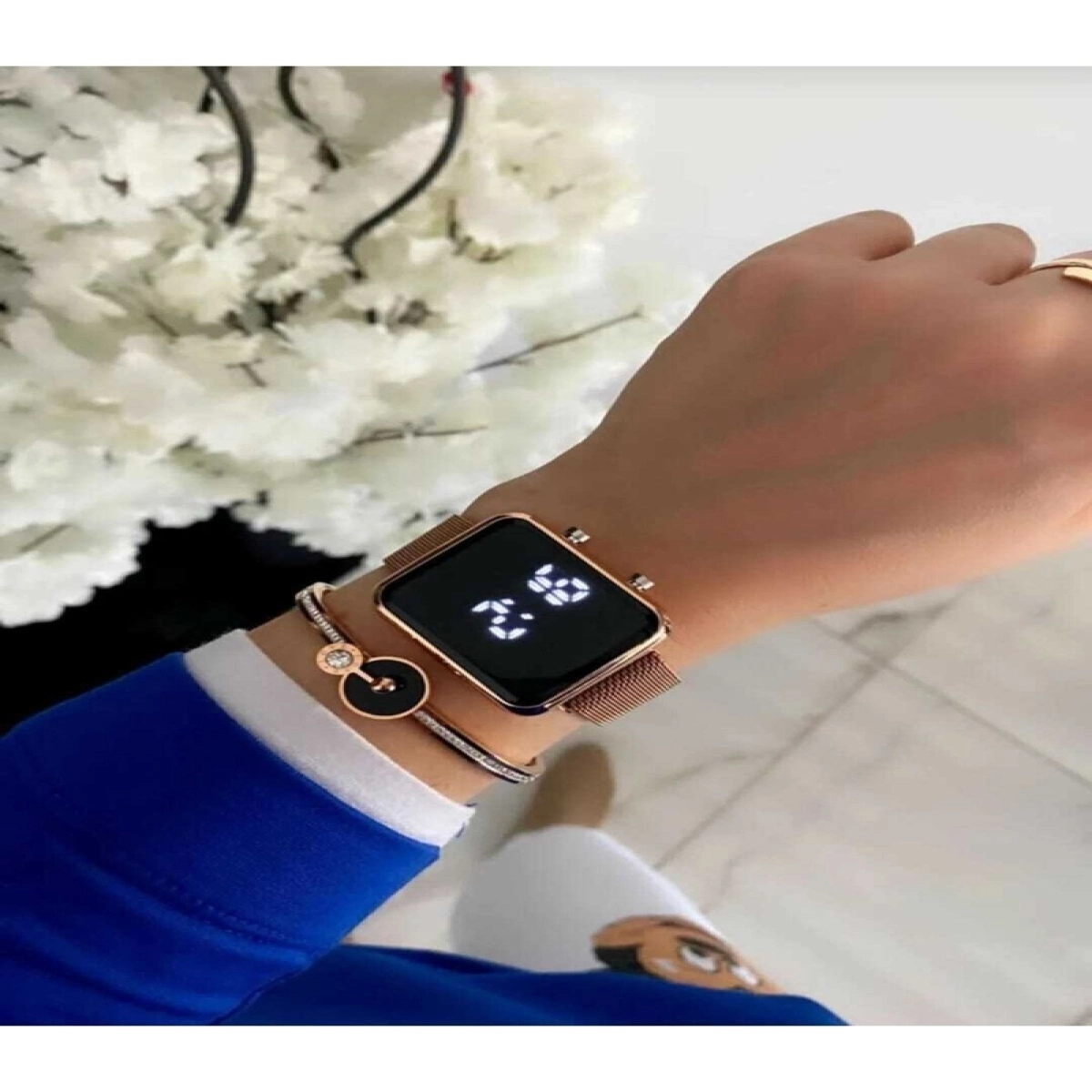 Unisex Tuşlu Led Saat Mıknatıslı Kordon Kare Model