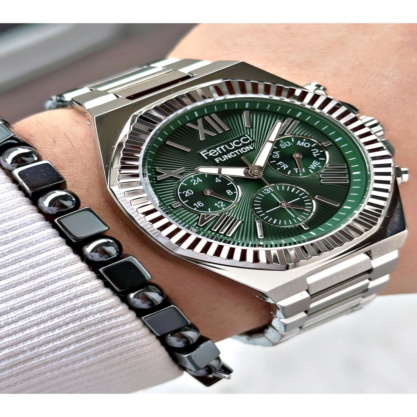 FERRUCCİ ROMA RAKAMLI YEŞİL KADRANLI FUNCTION GÜMÜŞ METAL ERKEK KOL SAATİ