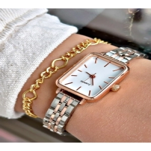 Limited Edition Metal Kordon Classic Tasarım Dikdörtgen Metal Kasa Kadın Kol Saati-Bileklik Hediyeli