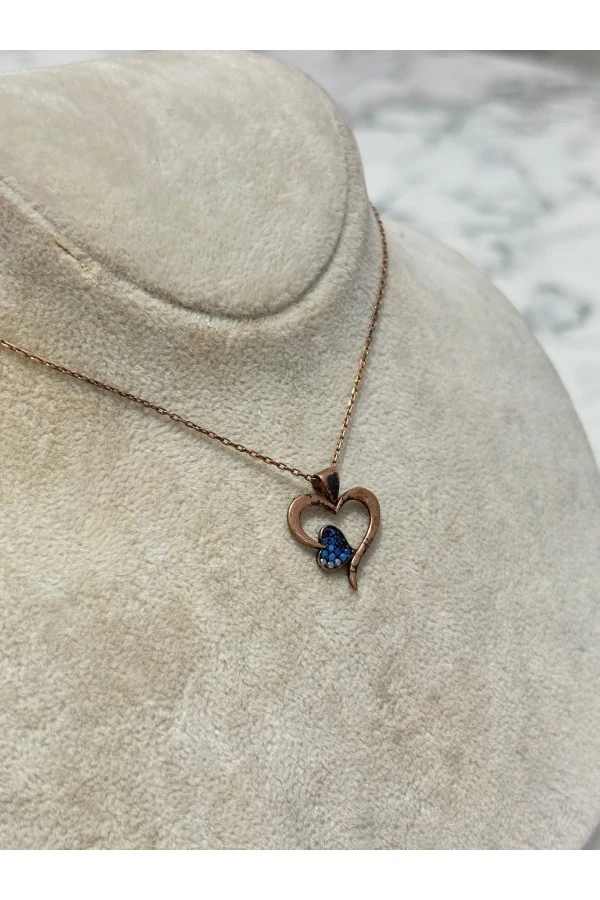 925 Ayar Gümüş Rose Gold Mavi Kalpli Modeli Gümüş Kolye