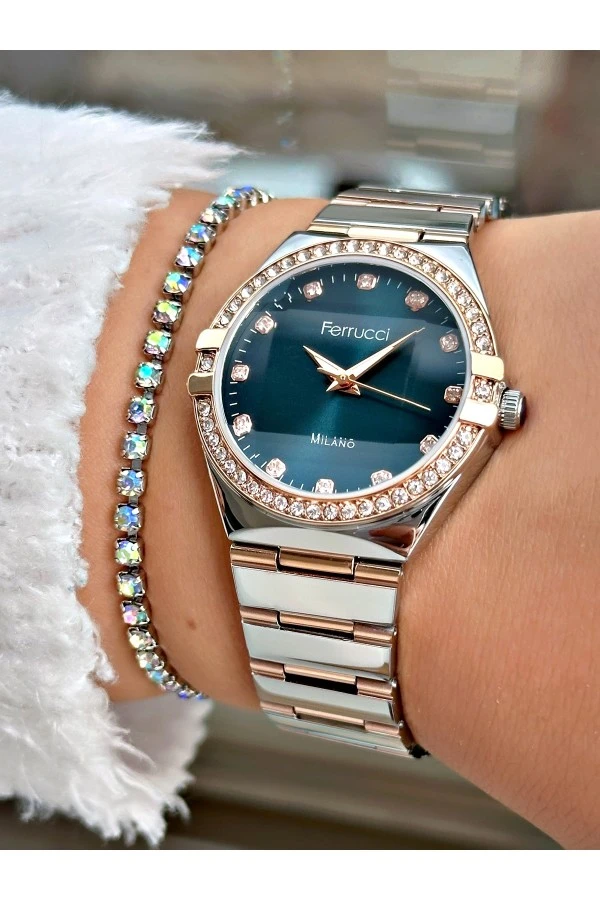 FERRUCCİ RAKAMLARI TAŞLI LACİVERT KADRANLI GÜMÜŞ ROSE METAL KADIN