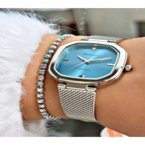 MAVİ KADRANLI KARE GÜMÜŞ KADIN HASIR KOL SAATİ