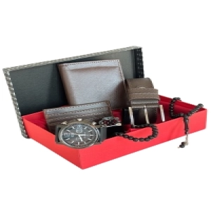 Özel Kutulu Vegan Deri Dikey Klasik Cüzdan Kemer Kartlık Çakmak Bileklik Tesbih Ve Saat Erkek Seti