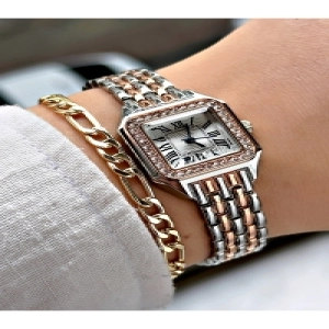 Taşlı Minimal Kare Lüks Roma Rakamlı Metal Kordon Kadın Kol Saati-Bileklik hediyeli