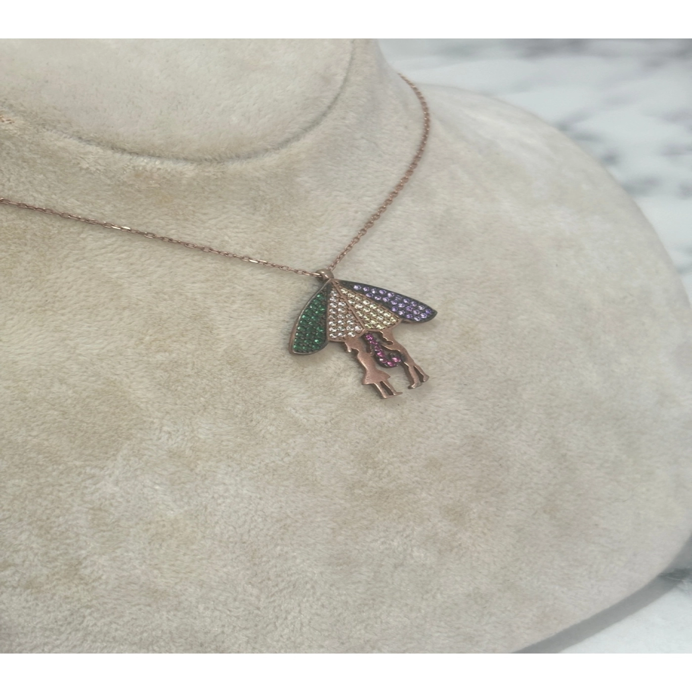 925 Ayar Gümüş Taşlı Rose Gold Şemsiyesi Modeli Gümüş Kolye